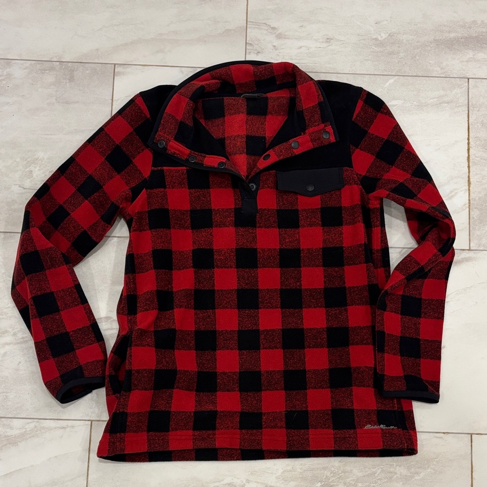 Womens Eddie Bauer Red and Black Plaid Fleece Sweater